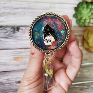 Raven and skull Badge holder jewelry custom made gold stars Cresent moon rose
